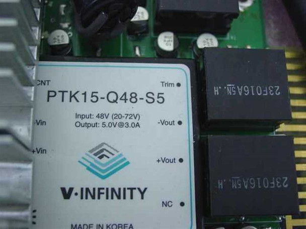 V-Infinity PTK15-Q48-S5 label showing 48V input, 5.0V at 3.0A output specs – Made in Korea