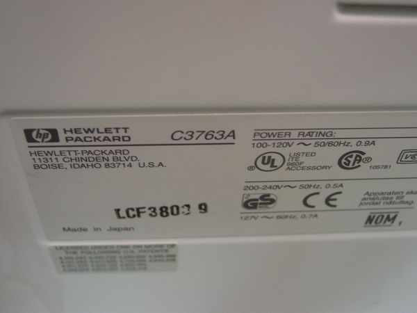 HP C3763A rating plate label showing model number, Hewlett-Packard branding, power rating 100-120V/200-240V, and Made in Japan markings