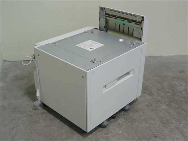 HP C3763A 2000-Sheet LaserJet Input Tray Stand – front-left three-quarter view showing top tray mechanism open with paper guides visible and unit on casters