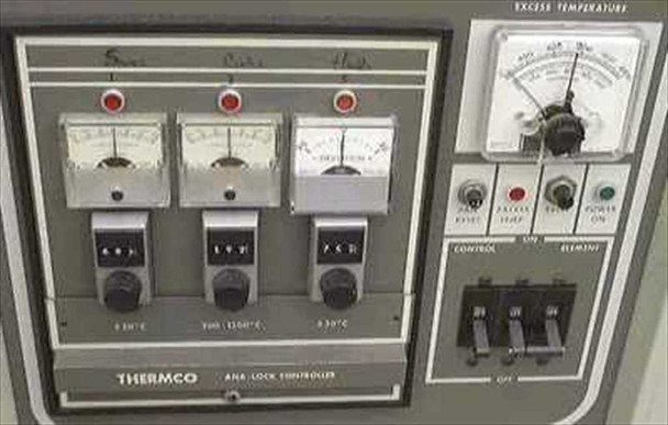 Thermco Ana-Lock controller close-up – three analog zone meters (Source, Center, HD) with rotary set-point knobs, temperature ranges to 1150°C, and Excess Temperature panel with alarm and power switches