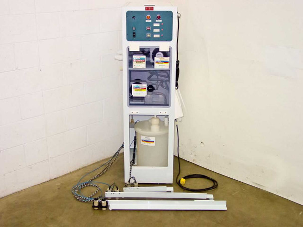 Bettcher Process Services polypropylene chemical dispensing cabinet front view with control panel, chemical container, and floor rail accessories