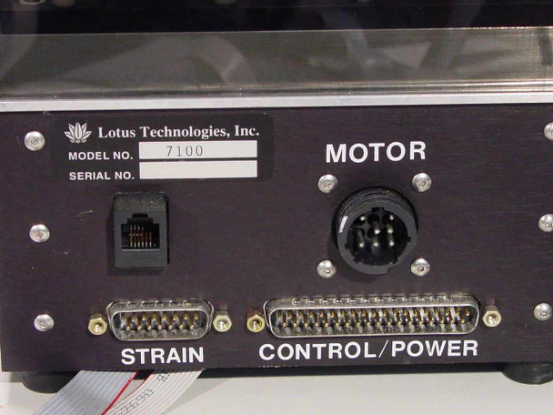 Lotus Technologies 7100 CSS module – close-up of rear panel label showing Model No. 7100, MOTOR circular connector, STRAIN DB25 port, and CONTROL/POWER DB50 port