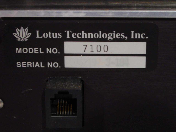 Lotus Technologies 7100 CSS module – close-up of Lotus Technologies Inc. label confirming Model No. 7100 with Serial No. field blank
