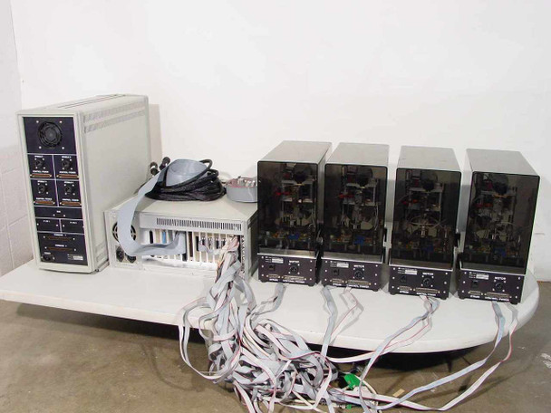 Lotus Technologies 7100 CSS system – full system laid out showing 7000 tower controller (left), rackmount computer (center), and all 4 CSS tester modules (right) with full cable runs