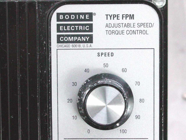 Bodine Electric Company Type FPM adjustable speed torque controller label close-up showing Chicago IL USA origin and speed dial markings