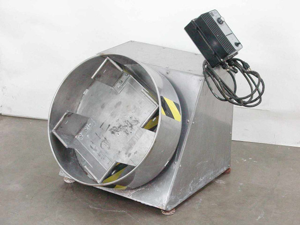 Bodine Electric FPM 855 stainless steel rotary drum mixer front view showing 21-inch drum opening with yellow warning chevrons and FPM speed controller mounted on top
