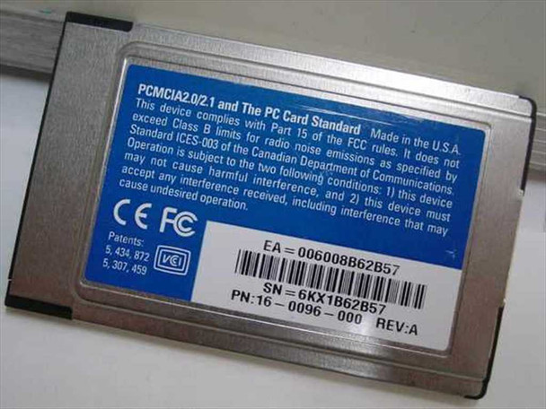 3Com 3C574-TX PCMCIA card rear label showing FCC/CE compliance, PCMCIA 2.0/2.1 standard, and barcode