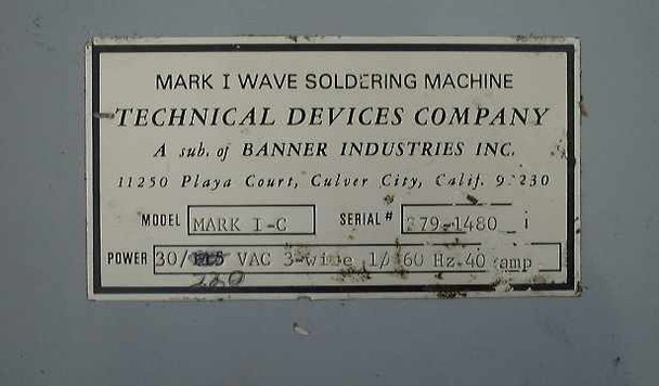 Technical Devices Mark I-C rating plate showing model, serial number 279-1480, and power specs: 115VAC 3-wire 1-phase 60Hz 40A