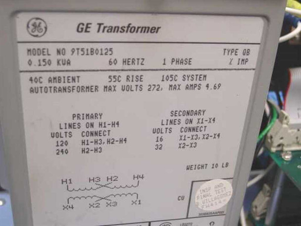 GE 9T51B0125 transformer nameplate — showing 0.150 kVA, 60 Hz, 1 Phase, Type QB, primary 120/240V, secondary 16/32V, max volts 272, max amps 9.69