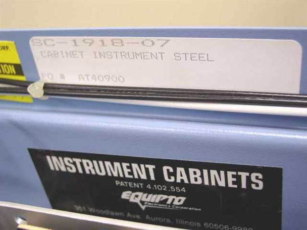 Equipto SC-1918-07 cabinet label — showing model SC-1918-07, Cabinet Instrument Steel, PO# AT40900, and Equipto Electronics Corporation nameplate