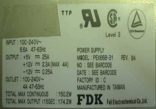 Sun PEX668-31 rating label showing input 100-240V 6.6A, outputs +5V/25A +12V/2.3A -12V/0.25A, 150.2W continuous, FDK Fuji Electrochemical, manufactured in Taiwan, Rev BA