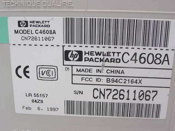 HP DeskJet 694C bottom label showing model C4608A, serial number CN72611067, FCC ID, made in China, Feb 6 1997