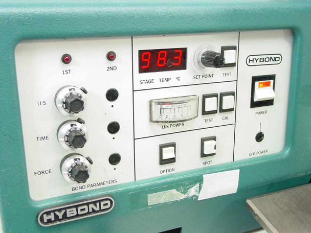 HyBond 512-10-41 front panel detail showing red LED display reading 983, bond parameter knobs (US, Time, Force), stage temp and set point controls, US Power slider, Test, Cal, Option, Spot, EFO Power, and main Power switch