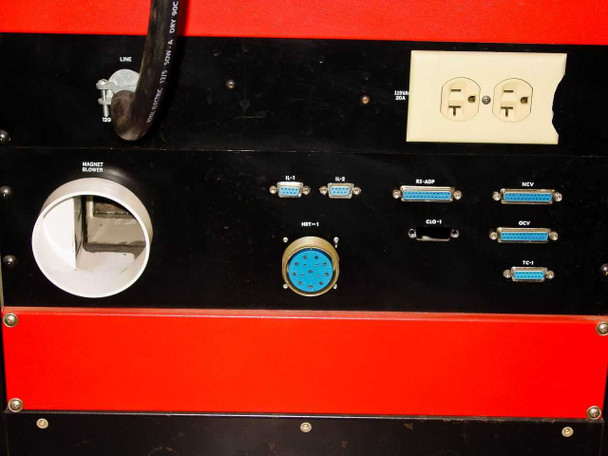 Lower connector panel detail showing locking 20A 120/208V power inlet, duplex AC outlet, IL-1, IL-2, RS-ADP, NCV, HRT-1 circular connector, CLO-1, OCV, and TC-1 DB-style ports