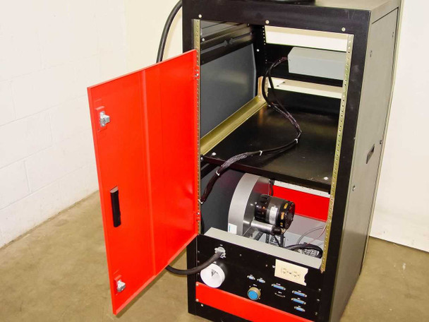 Lower cabinet door open showing Kooltronic KBB63 blower unit installed in base with gauge and connector panel visible