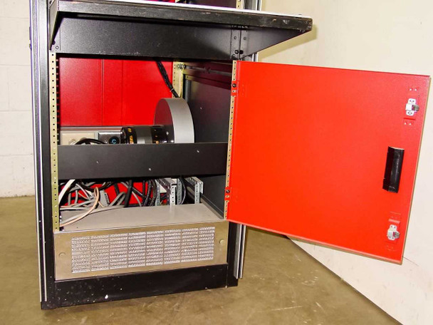 Cabinet fully open showing empty upper rack rails, internal wiring harness in lower section, Kooltronic blower in base, and vented base filter panel
