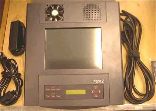 nView Z115 LCD projection panel front view showing 8.4-inch active-matrix screen, front control panel with LCD display, cooling fan, and included power adapter and cables