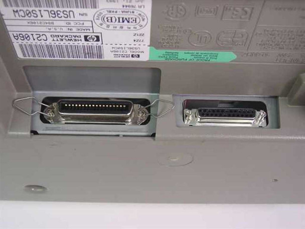 HP DeskJet 500 rear ports – Centronics 36-pin parallel port and DB-25 serial port with C2106A model label