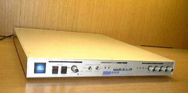 Nova 620S Time Base Corrector left-side angled view showing front panel controls including power button, knobs, card slot, and nova 620S branding