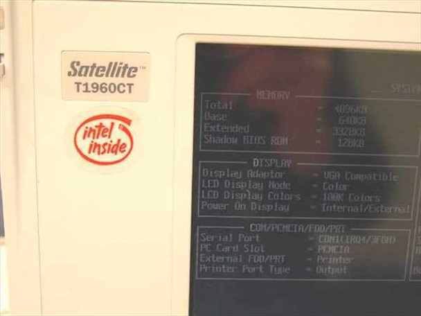 Toshiba Satellite T1960CT lid badge and Intel Inside sticker with BIOS system info screen showing memory and display specs