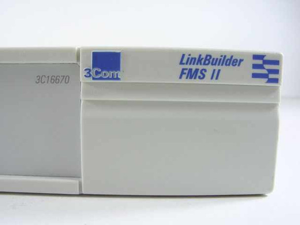 3Com 3C16670 LinkBuilder FMS II – close-up of top-front label showing '3Com' logo and 'LinkBuilder FMS II' branding with part number 3C16670