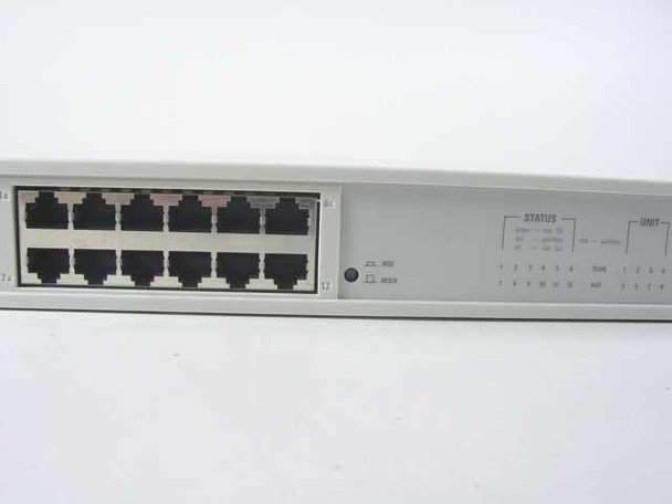 3Com 3C16670 LinkBuilder FMS II – front panel close-up showing 12 RJ-45 ports, STATUS indicator LEDs, and UNIT LED array for ports 1–12