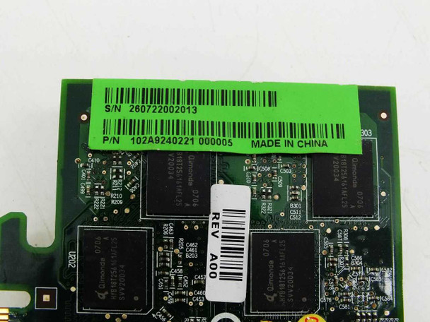 Dell JJ461 ATI Radeon X1300 video card PCB label closeup showing S/N, P/N 102A9240221, Made in China, and Rev A00 sticker