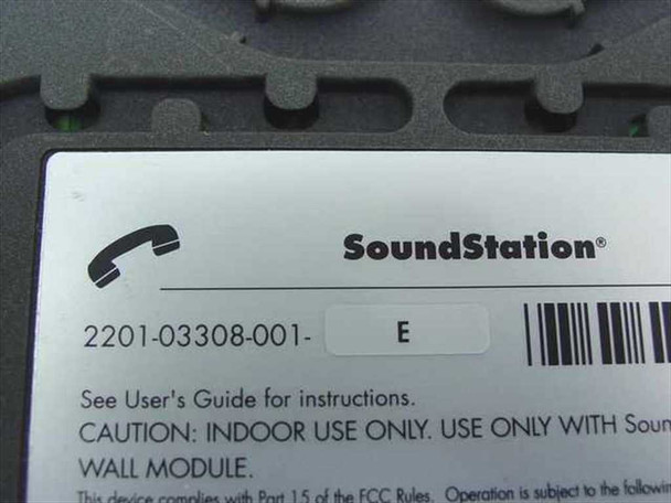 Polycom SoundStation bottom label showing model number 2201-03308-001 Rev E and indoor use caution notice