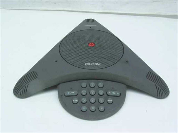 Polycom SoundStation conference speakerphone front view with keypad detached showing red Polycom logo and microphone grille