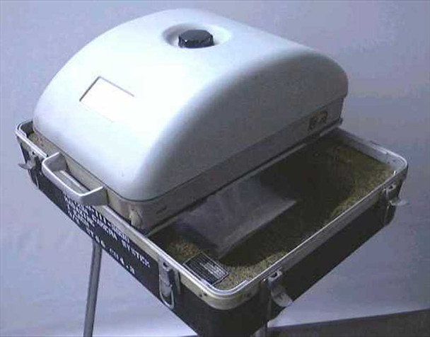 Dyna Metric KS-123A military large format camera system closed in hard shell transit case on folding stand