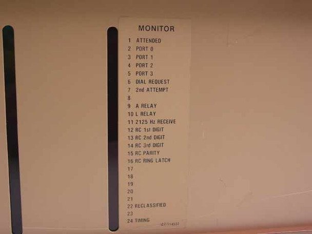 CMC Alarm-Matic System 4000 Monitor panel label listing 24 monitor points including Attended, Ports, Dial Request, A Relay, L Relay, 2125 Hz Receive, RC Digits, Parity, Ring Latch, Timing, and Reclassified
