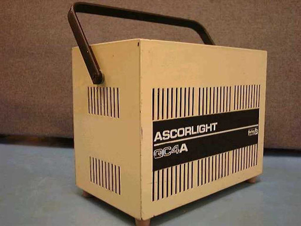 Ascorlight QC4A studio flash controller — side and rear view showing cream beige metal enclosure with carry handle and ventilation slots, QC4A model label on side panel