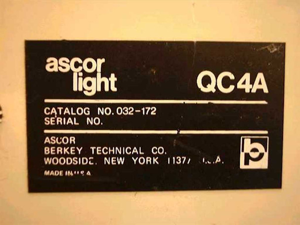 Ascorlight QC4A rating plate showing catalog number 032-172, Ascor Berkey Technical Co., Woodside New York 11377 USA, Made in USA