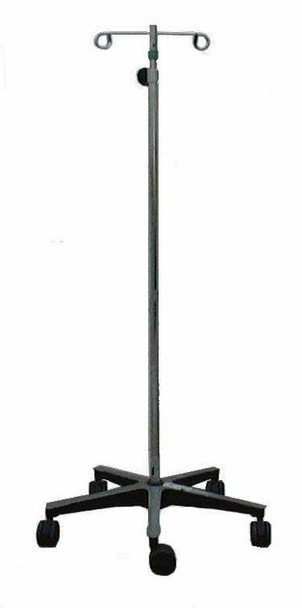 Heavy base 5-leg rolling IV stand with 2-hook top and black caster wheels — full front view showing chrome pole and star-shaped base