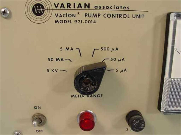 Varian 921-0014 front panel close-up showing Meter Range selector switch with positions 5 µA, 50 µA, 500 µA, 5 mA, 50 mA, 5 kV, plus ON/OFF toggle and red pilot light