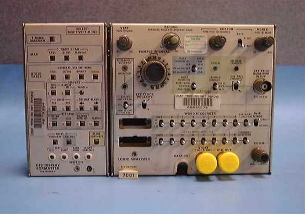 Tektronix 7D01 Logic Analyzer and DF2 Display Formatter plug-in modules – front panel view showing controls, switches, yellow BNC connectors, and labeling