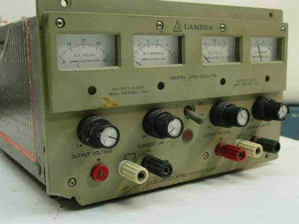 Lambda LPD-422A-FM — close-up front panel showing Lambda logo, model number, three analog meters (DC Volts, DC Amperes, DC Volts), Output Voltage and Current Limit knobs, and red/black binding posts; label reads OUTPUT 0-40V MAX RATING 1.0A