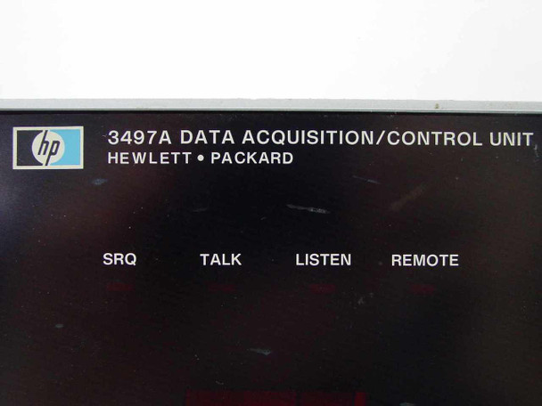 HP 3497A front panel label close-up reading '3497A DATA ACQUISITION/CONTROL UNIT – HEWLETT PACKARD' with SRQ, TALK, LISTEN, REMOTE indicator labels visible