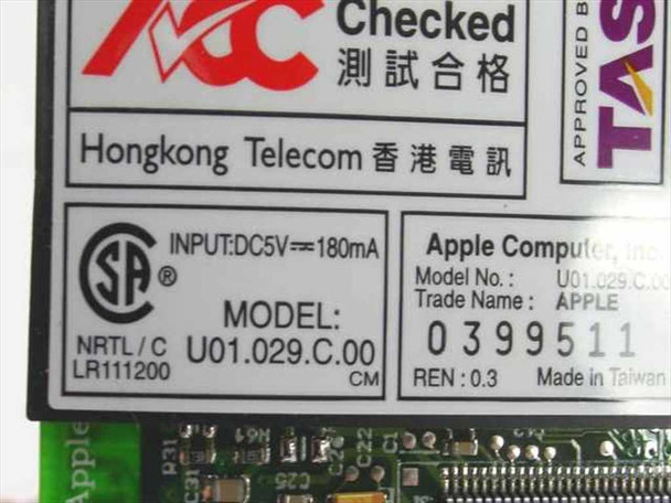 Apple U01.029.C.00 modem card label close-up showing CSA certification, DC 5V 180mA input rating, model number, and Apple Computer Inc. branding made in Taiwan