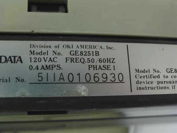 Okidata ML193 GE8251B rating plate label showing 120V AC, 50/60Hz, 0.4A, Phase 1, serial number 511A0106930