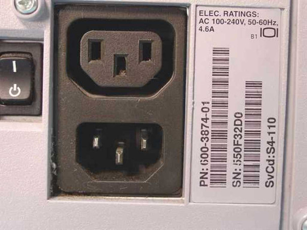 Sun SPARCstation 4 rear power inlet close-up showing IEC AC input and output connectors, rating label (100-240V 50-60Hz 4.6A), part number 600-3874-01, and service code S4-110