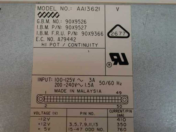 IBM 90X9366 power supply rating label showing model AAI3621, FRU 90X9366, P/N 90X9527, input 100-240V, made in Malaysia