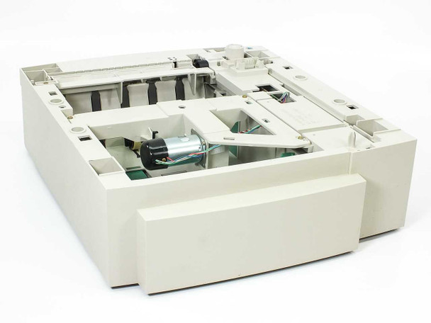 Lexmark 11K0575 Optra T paper tray – rear-angled view showing internal motor, pick mechanism, and open tray body