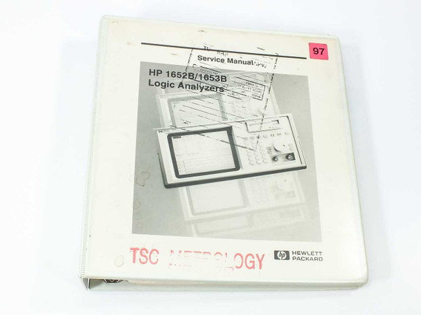 HP 1652B/1653B Logic Analyzers Service Manual — front cover of white ring binder with TSC Metrology and Hewlett-Packard logos and price tag sticker