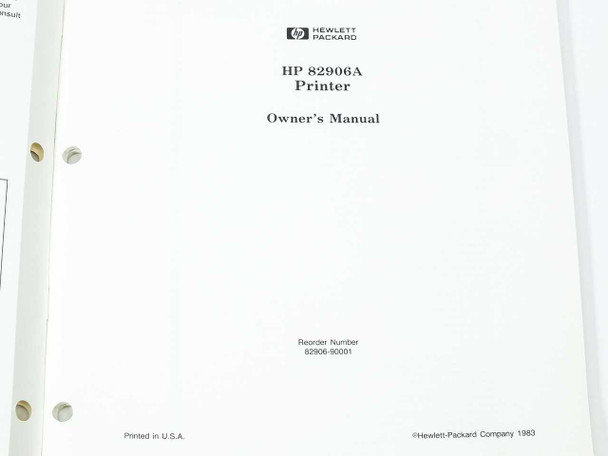 HP 82906A Printer Owner's Manual title page showing reorder number 82906-90001 and 1983 copyright