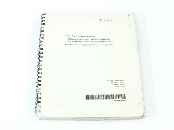 Agilent E3631A manual package back cover showing contents list: E3631-90002 User's Guide Ed. 4 and E3631-90011 Service Guide Ed. 6, barcode E3631-90100