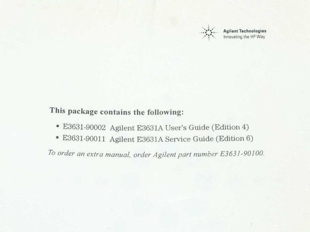 Agilent E3631A E3631-90100 manual package contents page listing User's Guide E3631-90002 Edition 4 and Service Guide E3631-90011 Edition 6
