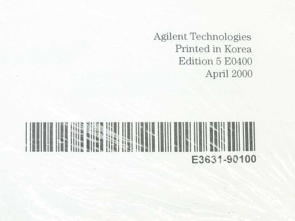 Agilent E3631A manual barcode label — Edition 5 E0400, April 2000, part number E3631-90100, printed in Korea