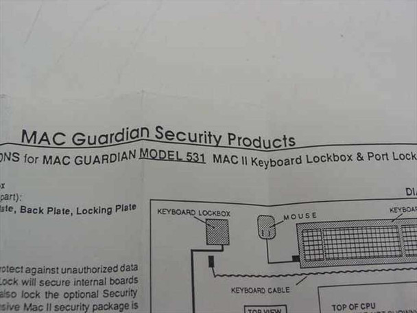 MAC Guardian Model 531 installation instruction sheet — title reads 'MAC Guardian Security Products Model 531 MAC II Keyboard Lockbox & Port Lock' with diagram