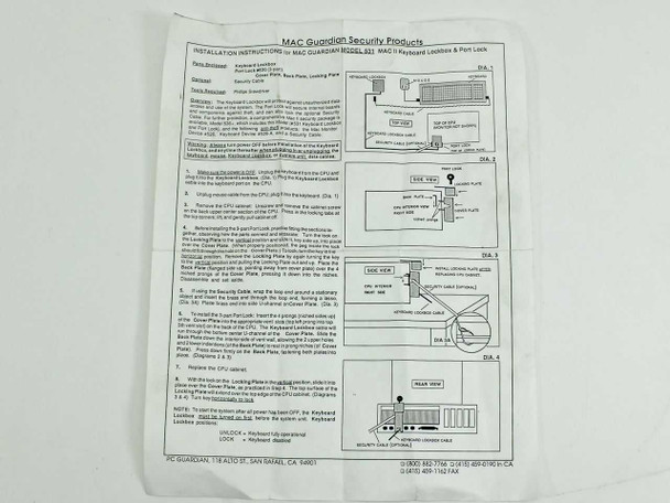 MAC Guardian Model 531 full installation instruction sheet — multi-step diagram guide for keyboard lockbox and port lock installation on Mac II